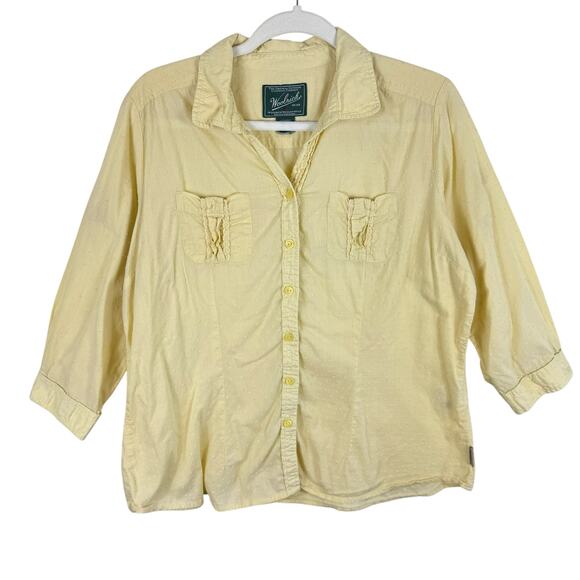Woolrich 100% Cotton Yellow 3/4 Roll Tab Sleeve Embroidered Button Up Top Sz XL - Picture 1 of 8